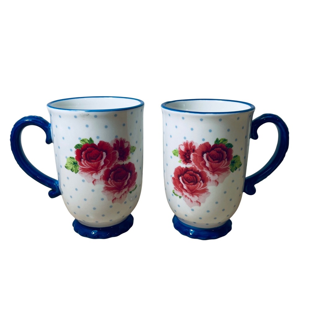 Pioneer Woman Heritage Floral Footed Mugs Set of 2 Blue Polka Dot Red Rose 5.5in